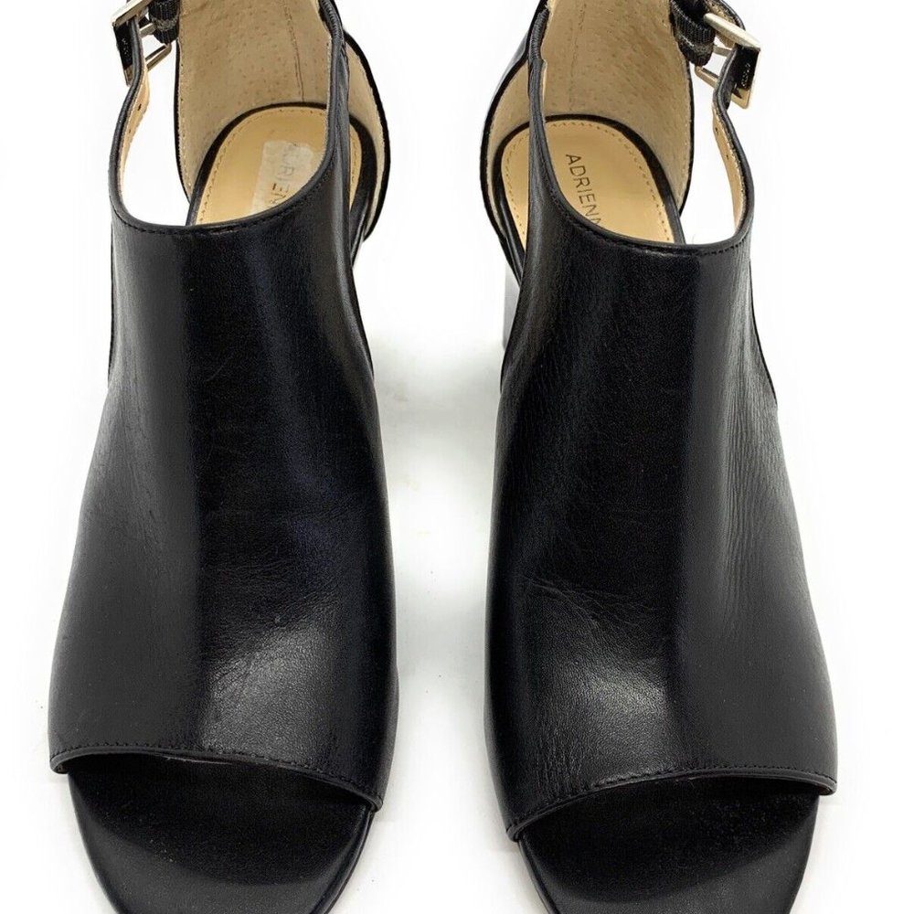 Adrienne Vittadini Black Leather Peep Toe Buckle Strap Heels Size 8